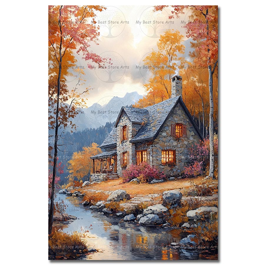 Autumn River Cabin Art Print, Mountain Woodland Landscape Poster, Rustic Decor