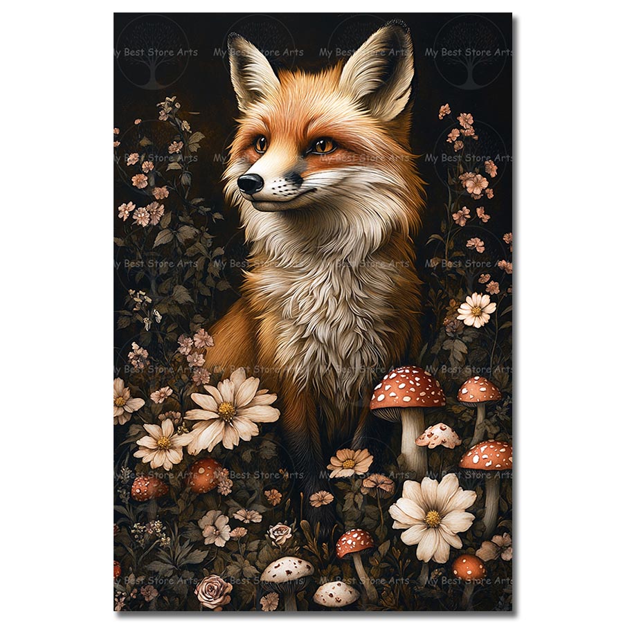 Woodland Flower Fox Art Print, Cottagecore Vulpine Portrait Poster, Floral Decor