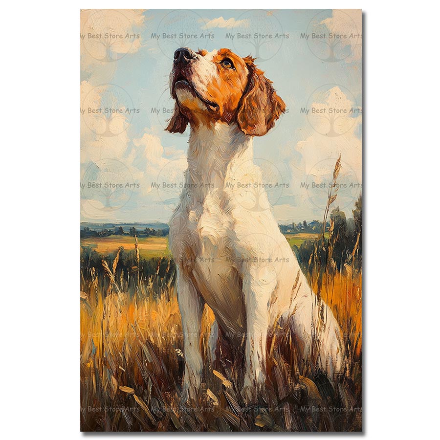 Brittany Spaniel Dog Art Print, Golden Field Canine Poster, Victorian Room Decor